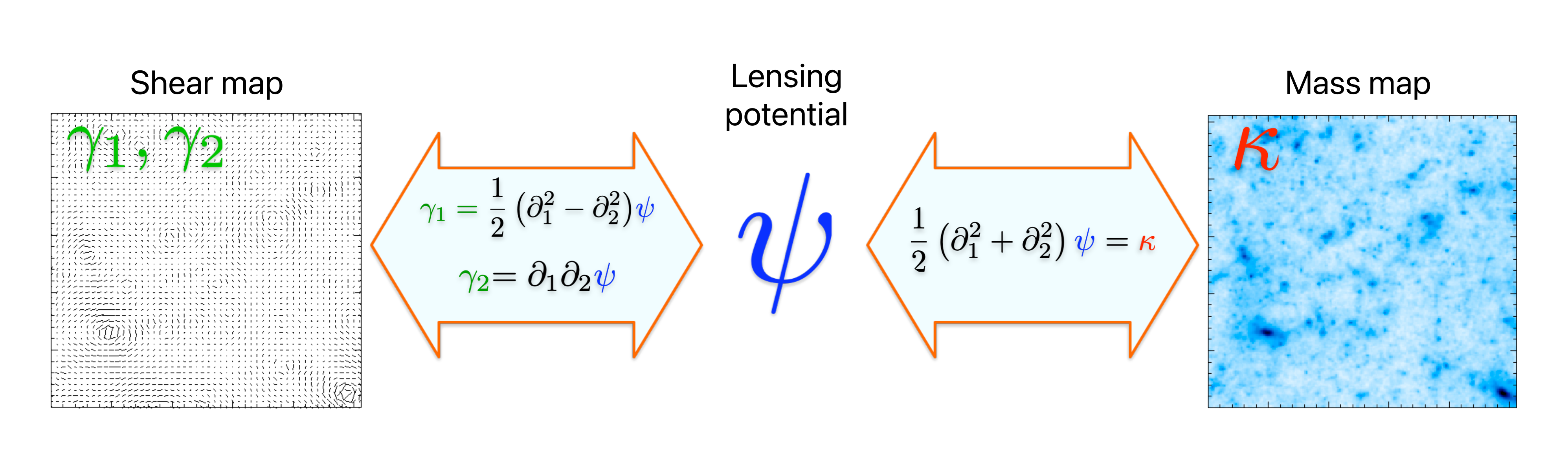 a shear map and a mass map, each linked to the lensing potential in the middle by a pair of second-derivative relations