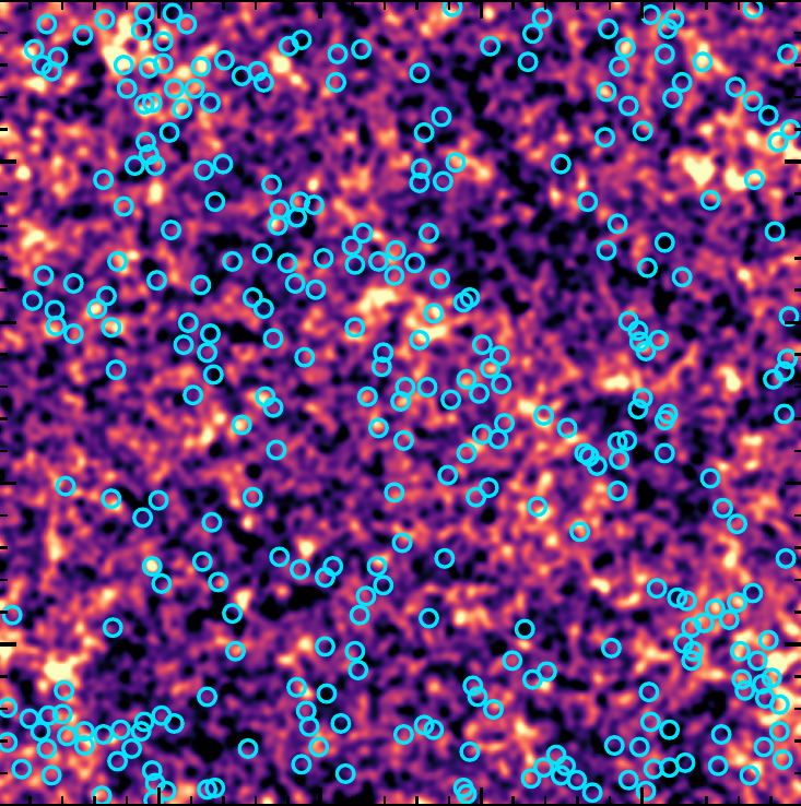 a smoothed convergence map with its peaks circled