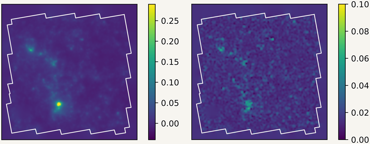 a PnPMass convergence map beside its per-pixel calibrated uncertainty, on the same field
