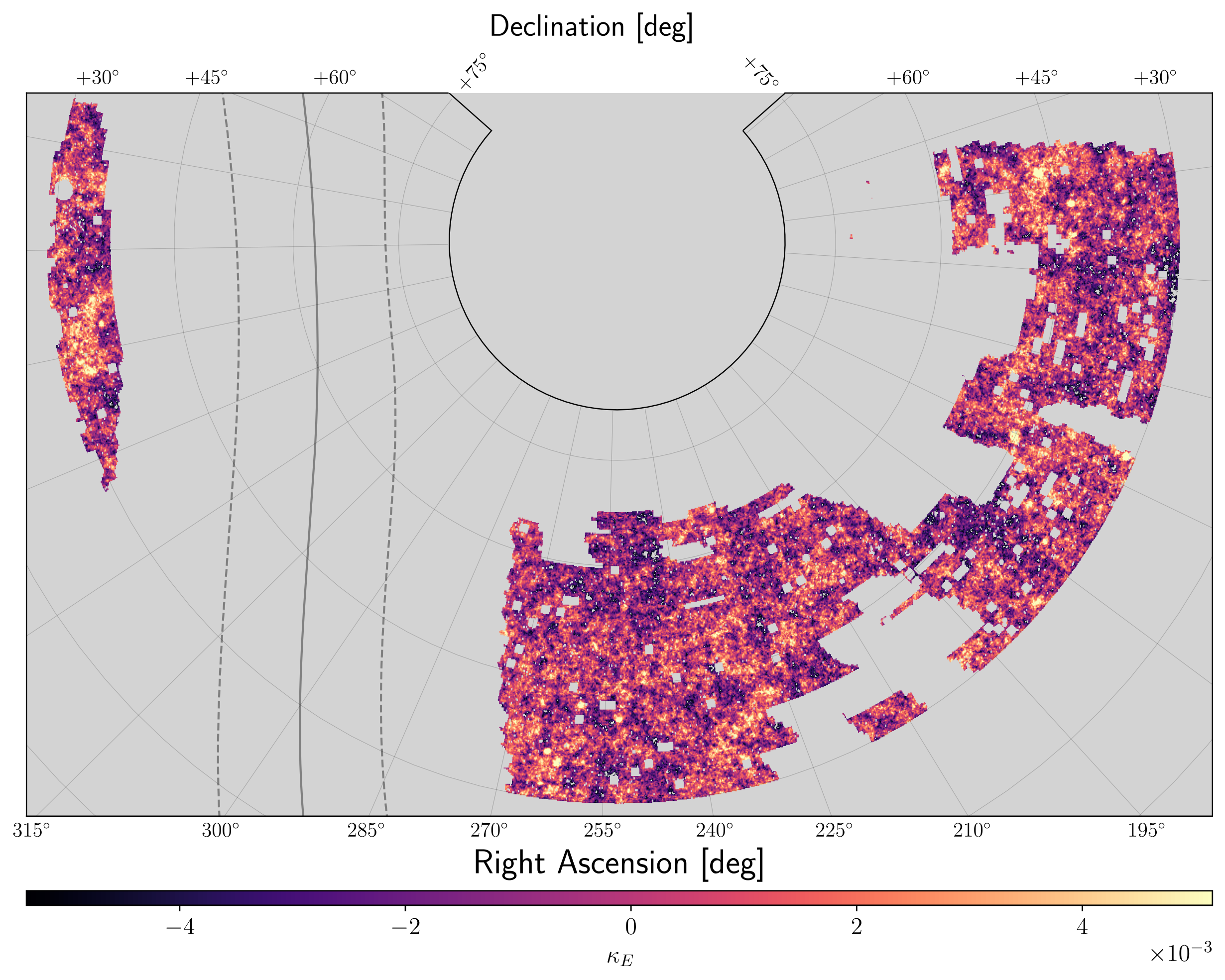 the convergence map of the UNIONS survey footprint, reconstructed with MCALens: filamentary structure across two disconnected sky patches, with the survey mask left grey