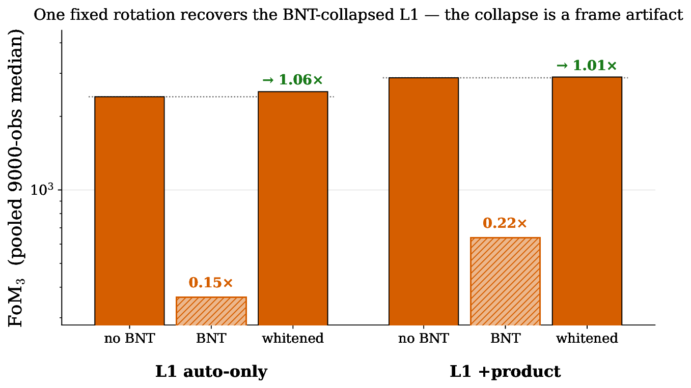 no-BNT, BNT collapsed, and whitened (recovered to 1.06x) per arm